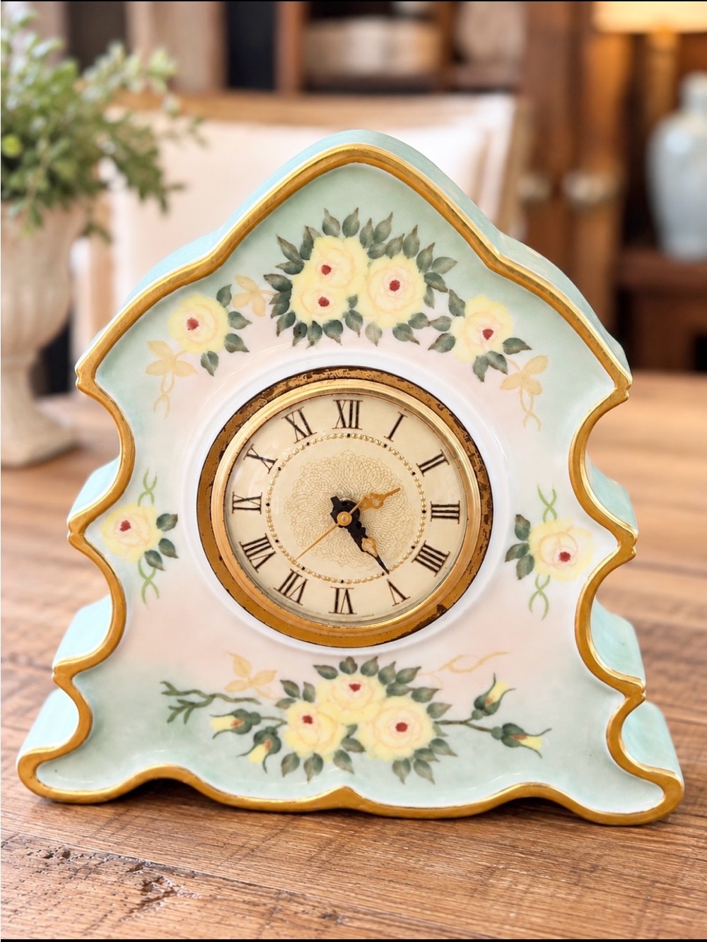 Vintage Floral Porcelain Mantle Clock. Signed | 1950’s 1960’s | Shabby Chic
